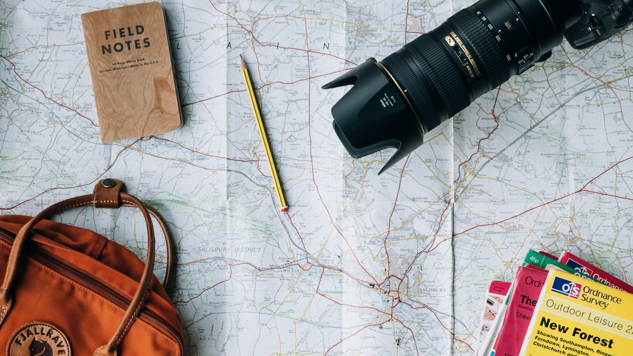 Travel planning items representing a trip abroad